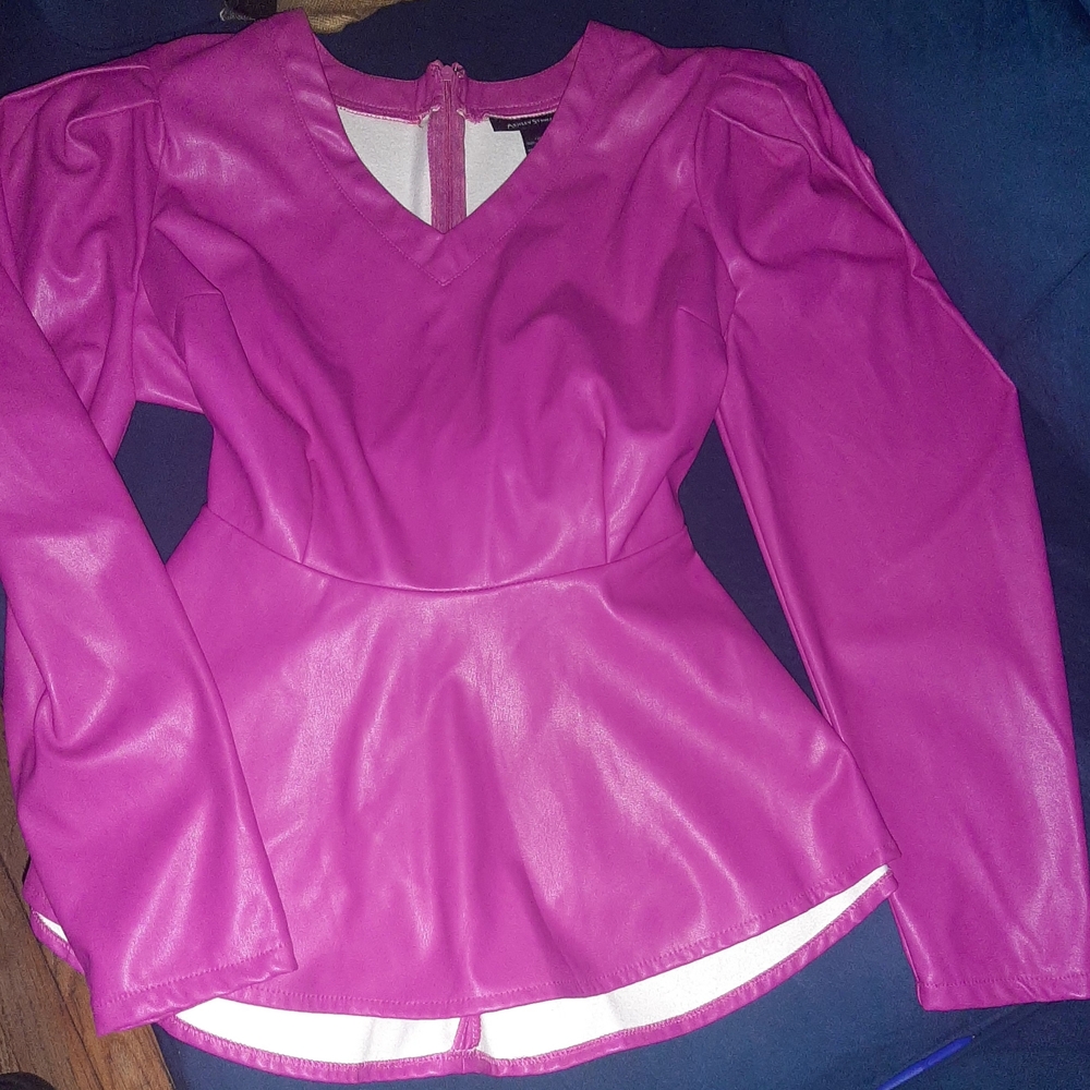 Ashley Stewart Orchid Pink Faux Leather Peplum Top Size 14/16